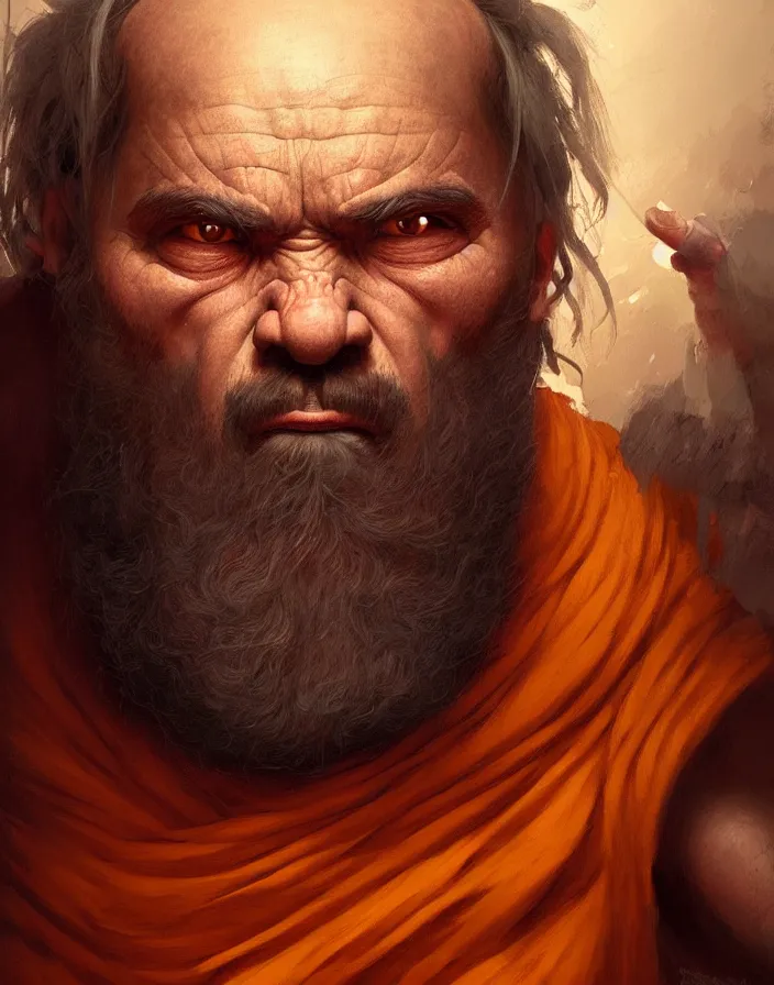 Prompt: a hyperrealism portrait of male monk with hair, grizzled, muscular, extra weight, dwarf, vibrant color scheme, highly detailed, in the style of romanticism, cinematic, artstation, moebius, greg rutkowski