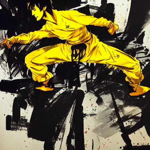 Image similar to a kick by Bruce Lee wearing a yellow jumpsuit by Yoji Shinkawa and Ashley Wood