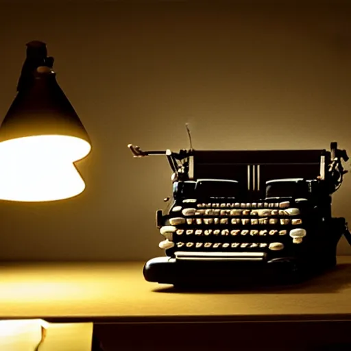 Image similar to painting of a typewriter on a desk in a dimly lit room, volumetric lighting, style of greg rutkowski