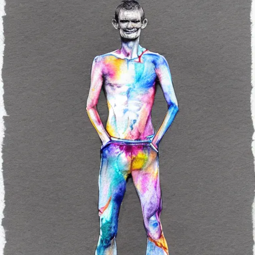 Image similar to full body sketch of vitalik buterin, perfect anatomy, full body, watercolor background, pencil art, ink and pencil, hyperrealistic, hyperdetailled, digital art, greg rutkowski, artstation, 8 k, beautiful drawing, paper texture, spray paint, watercolors