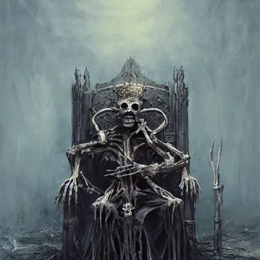 Image similar to withered old king sitting on a throne of rotting bones, highly detailed painting by seb mckinnon, 8 k