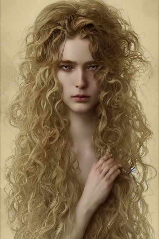 Image similar to beautiful cottagecore pale blond androgynous Lucius , long fluffy curly blond hair, pale skin, innocent, intricate, elegant, highly detailed, digital painting, artstation, concept art, smooth, sharp focus, illustration, art by artgerm and greg rutkowski and alphonse mucha