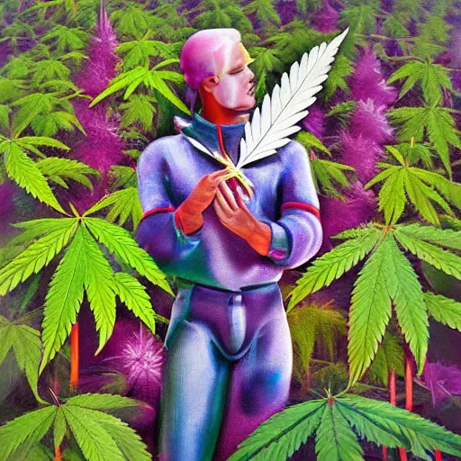 Prompt: a high detailed oil painting of knight holding a cannabis leaf in a field of cannabis plants. vaporwave. colorful. trending on artstation