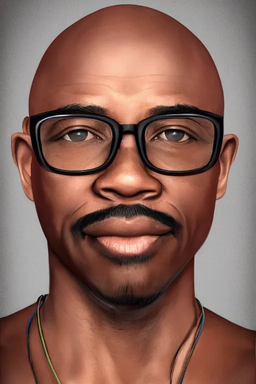 Prompt: Earl, a fit 40 year old african-american software engineer with low fade haircut and slight condescending smirk, neatly trimmed black and grey beard, wearing square wire frame glasses, medium shot portrait, full color digital illustration, octane render trending on arstation by artgerm, raphaelite and alphonse mucha