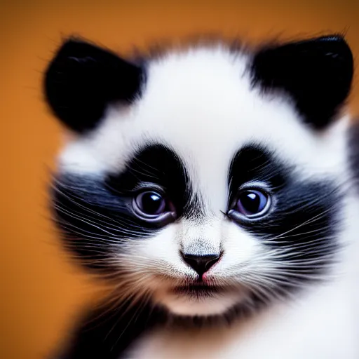 Prompt: cute kitten with panda body and cat face, in a kimono, holds a sword, highly detailed, sharp focus, photo taken by nikon, 4 k