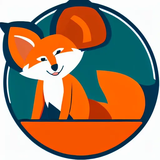 Prompt: icon of a cute fox sitting in front of laptop, cartoon, disney style, vivid colors, orange glow