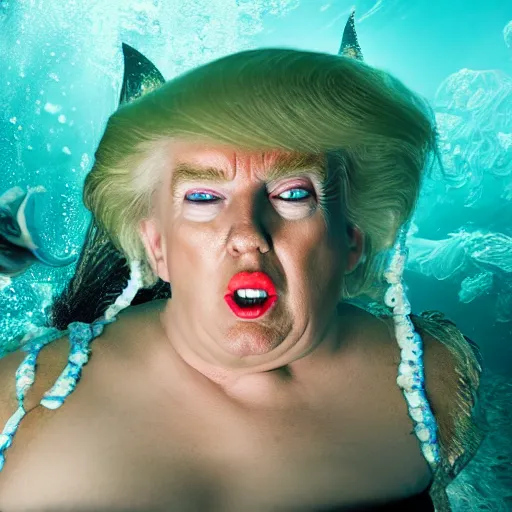 Image similar to Trump as Ursula the sea witch underwater, 8k, professional photography, cinematic shot, dark, smoke