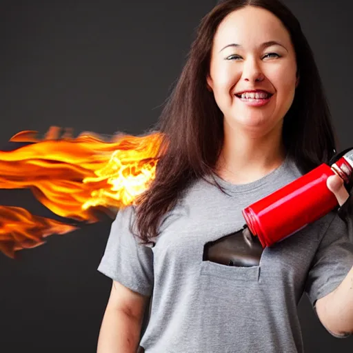 Image similar to a photo of a woman wearing a shirt holding a fire extinguisher, on her shirt writes two aunts