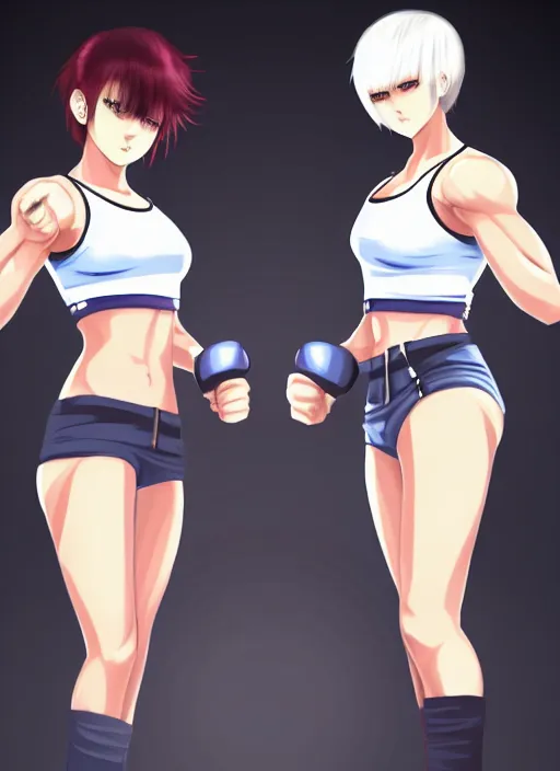 Image similar to two beautiful identical female fighters with short hair facing each other in gym, white top, dim lighting, gorgeous features, high resolution, detailed anime art