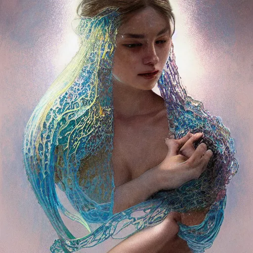 Prompt: an intricate oil painting of a beautifull woman portrait surounded by hiper detailed inkdrop in water, bumpy mottled skin, fluid acrilic art, by yoshitaka amano, by greg rutkowski, by alphonse mucha by jeremyg lipkinng, by artgerm, octane render