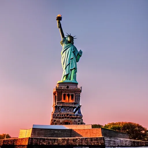 Prompt: statue of liberty eating a cheeseburger, golden hour, award winning photo, low angle