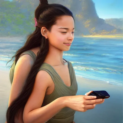 Image similar to beautiful serene intricate portrait of katara and toph taking a selfie, smiling softly, relaxing on the beach, golden hour, soft focus, 8 k, art by irakli nadar, hyperrealism, hyperdetailed, ultra realistic