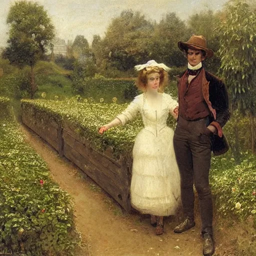 Prompt: young victorian man and woman adventuring in a maze, painted by alfred stevens