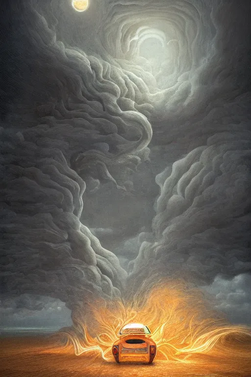 Image similar to Intricate stunning highly detailed white Fiat 600 from the 70s built in Spain, digital painting by agostino arrivabene and Vladimir Kush, surreal, ultra realistic, Horror vacui, dramatic lighting, full moon, thick black swirling smoke tornado, burning fire embers, artstation