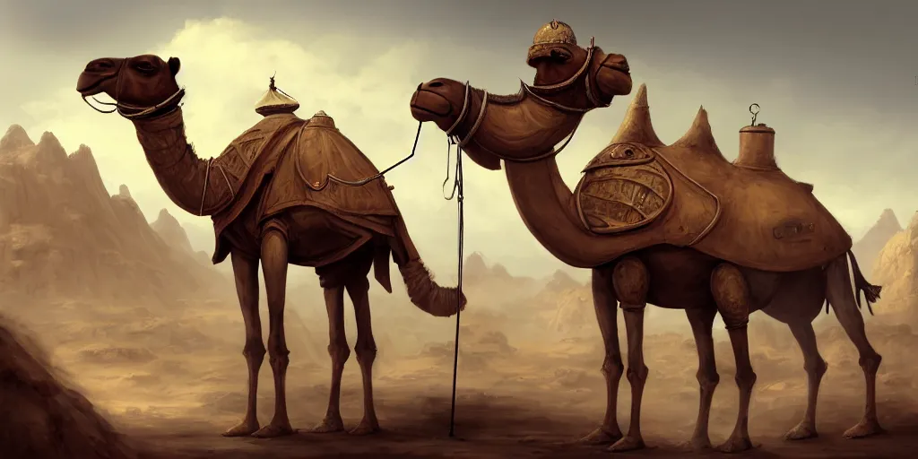 Image similar to a camel - like anthropomorphic merchant trader in a tent, chrome mechas, matte oil painting, retrofuturistic, concept art, science fantasy, mutant, lgbt, queer, rpg, epic, rusted, white salt, badlands, jungles, dungeons & dragons, sacred, sharp focus, award - winning, extremely detailed, 4 k, 8 k