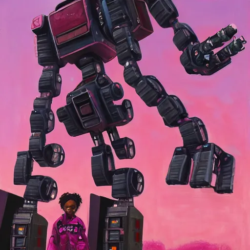 Prompt: a black girls building a giant pink mecha robot out of junk in the cyberpunk ghetto by justin bua, oil on canvas, 8k