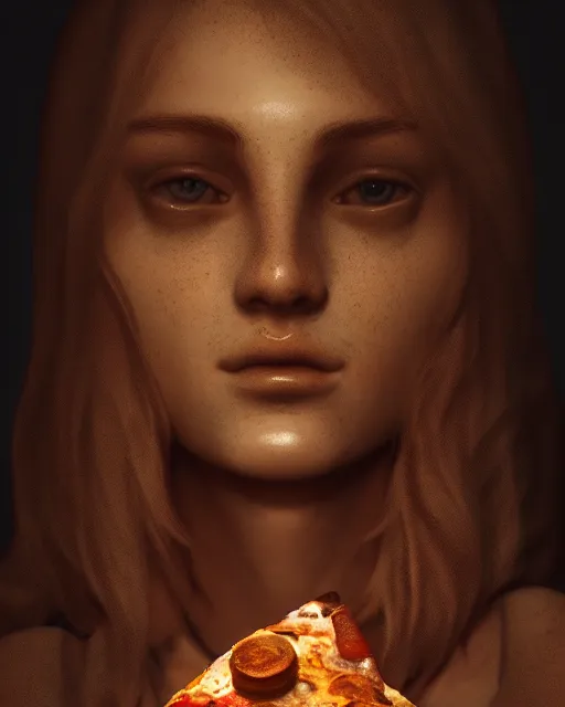 Image similar to Beautiful art portrait of statue of a female made of pizza, atmospheric lighting, intricate detail, cgsociety, hyperrealistic, octane render, RPG portrait, ambient light, dynamic lighting,