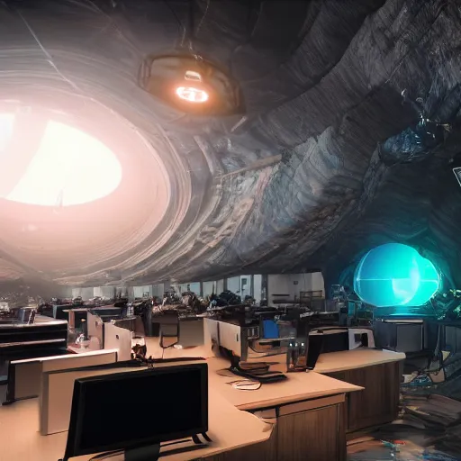 Prompt: photorealistic still hundreds of people sitting in front desks with computers in a giant dome cave cyberpunk cables and lights everywhere unreal engine volumetric lightning 8 k