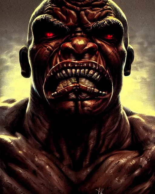 Image similar to doomfist from overwatch, rage, character portrait, portrait, close up, concept art, intricate details, highly detailed, horror poster, horror, vintage horror art, realistic, terrifying, in the style of michael whelan, beksinski, and gustave dore