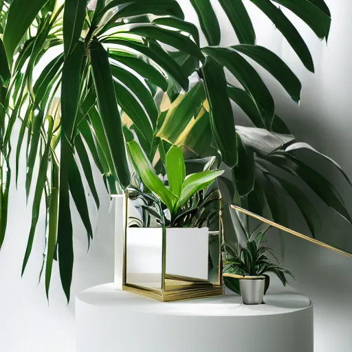 Image similar to an ultra high definition professional studio quality photograph of a transparent iridescent perspex pastel coloured jungle plant on a plinth in an empty white room. dramatic lighting, ray tracing, refraction, shallow d. o. f, colour corrected, golden ratio, three point light. volumetric shadows. god rays.
