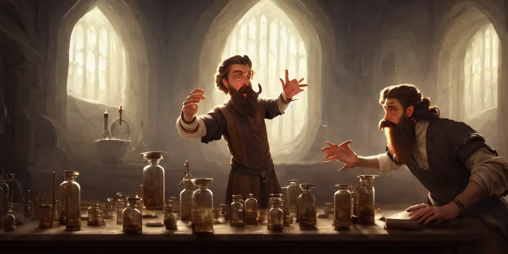 Image similar to a handsome bearded white male sorcerer with brown hair he is casting a spell from his hands, he is in a alchemist workshop filled with beakers and equipment, neutral pose, sharp focus, waist up, epic composition, 4 k, by greg rutkowski, rudy siswanto and anna podedworna