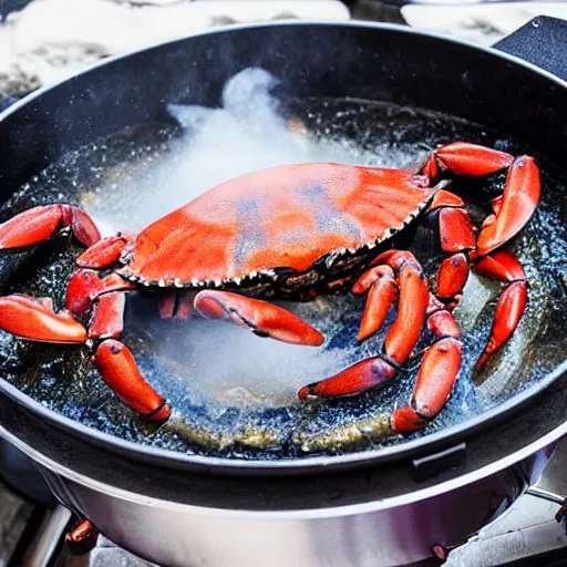crabs boiling in pot on propane burner, lots of steam Stable