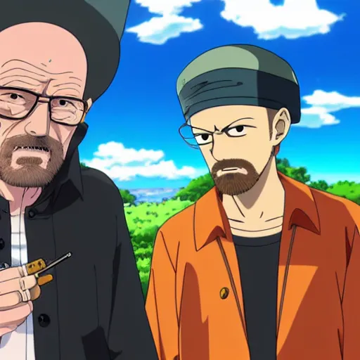 Image similar to walter white smoking a joint with jesse pinkman, in One Piece Anime Series, 4k Resolution.