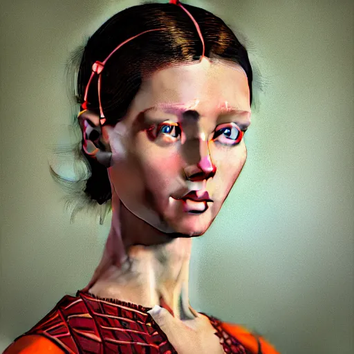 Prompt: hyperrealism photography in caravaggio style quntum computer simulation visualisation of parallel universe sit - com scene with beautiful detailed ukrainian woman wearing ukrainian traditional shirt and wearing retrofuturistic sci - fi neural interface designed by josan gonzalez. hyperrealism photo on pentax 6 7 by giorgio de chirico volumetric natural light - s 1 0 0