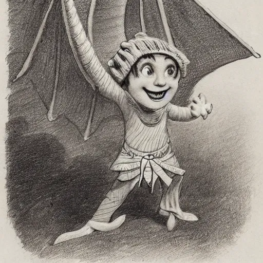 Image similar to by alfred parsons, by peter sculthorpe spirited. a drawing of a young boy disguised as a dragon. the boy is shown wearing a costume with dragon - like features, including a long tail, wings, & horns. he has a large grin on his face, suggesting that he is enjoying his disguise.