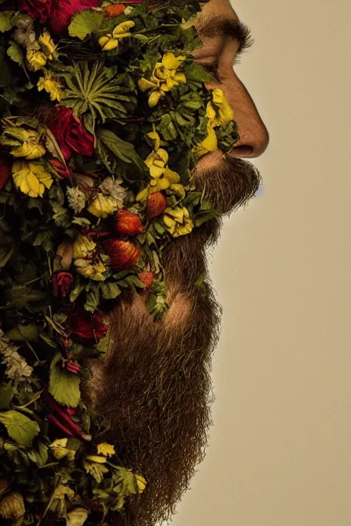 Prompt: a man's face in profile, long beard, made of flowers and fruit, in the style of the Dutch masters and Gregory crewdson, dark and moody