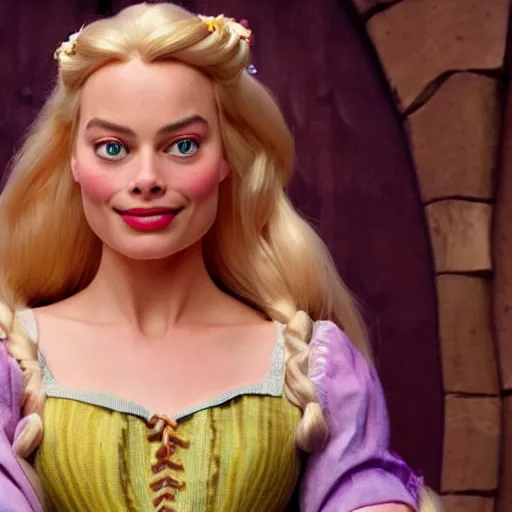 Image similar to Margot Robbie as Rapunzel in disney tangled live action, 8k full HD photo, cinematic lighting, anatomically correct, oscar award winning, action filled, correct eye placement,