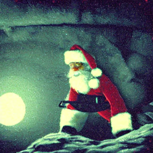 Image similar to a grainy photo of santa claus climbing down a chimney at night, shot with an old polaroid camera, grainy vhs texture 4 k, realistic, unreal engine 5, sharp details, 3 0 0 dpi