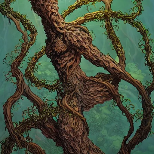 Image similar to anthropomorphic tangle of vines and plant matter. this fantasy creature guards the woods from unwary travelers. similar to a treant or forest spirit. By rebecca guay, by terese nielsen, by aaron miller, by kieran yanner. trending on artstation. 4k resolution.