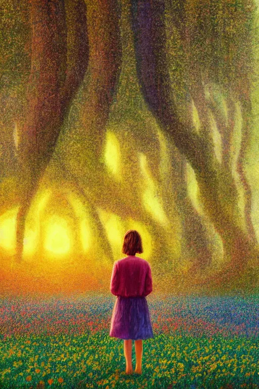 Image similar to giant flower face, girl standing in flower field, surreal photography, big trees, sunrise dramatic light, impressionist painting, colorful clouds, digital painting, pointillism, artstation, simon stalenhag