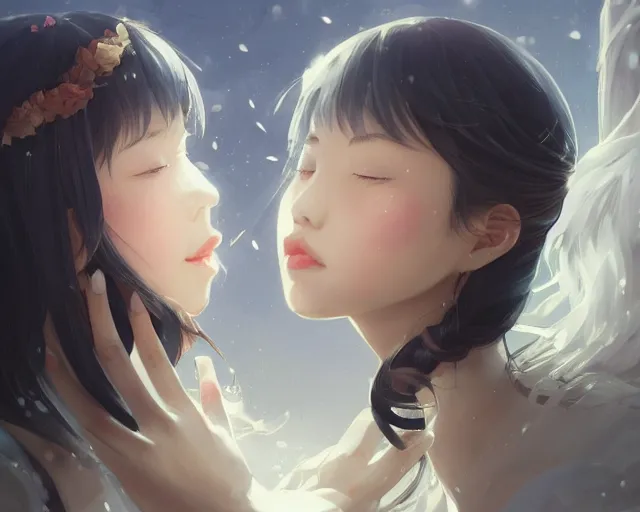 Image similar to two beautiful girls kissing, sharp details, sharp focus, elegant, highly detailed, illustration, by jordan grimmer and greg rutkowski and pine ( ハイネ ) and 薯 子 imoko and 香 川 悠 作 and wlop and maya takamura, intricate, beautiful, trending artstation, pixiv, digital art