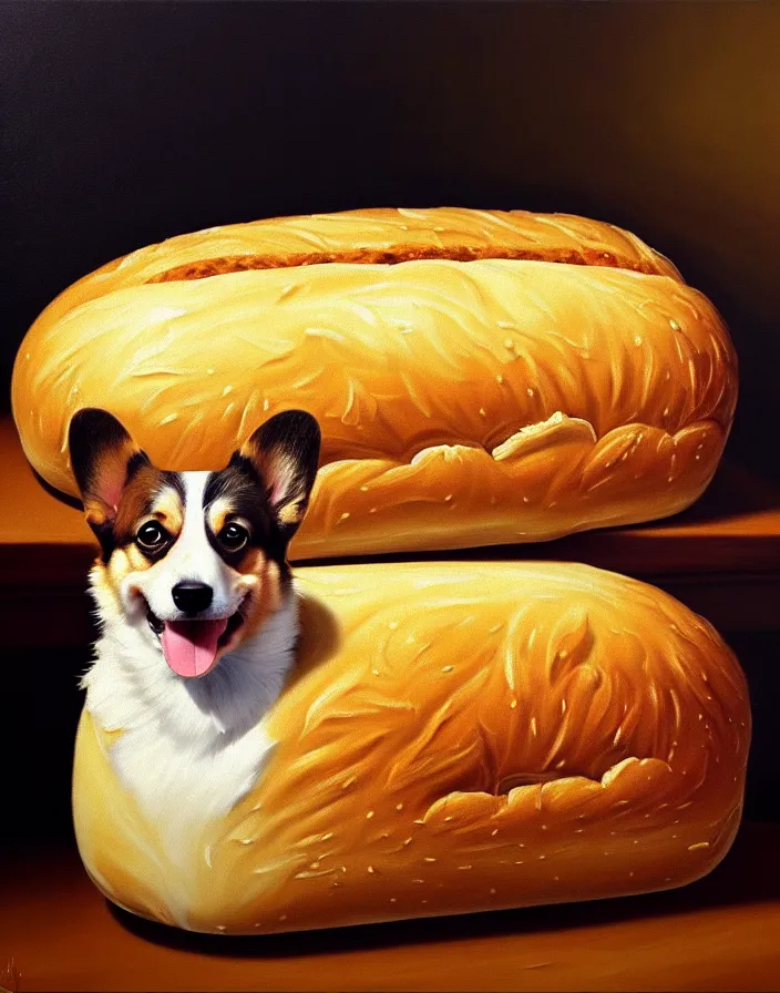 Prompt: a royal portrait of a corgi as a loaf of bread, oil on canvas, highly detailed, cinematic lighting, pretty