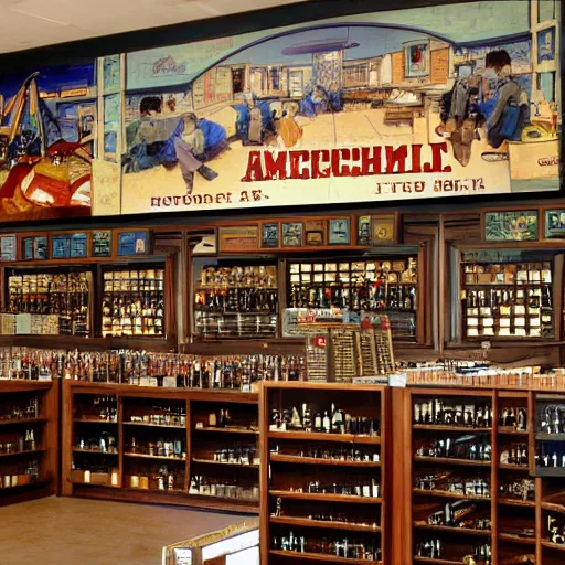 Image similar to American dreamscape liquor store gun shop church. Architectural art by Jean Leon Gerome, Norman Rockwell, Studio Ghibli