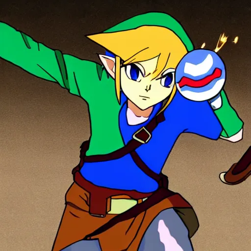 Prompt: link from the legend of zelda throwing a pokeball at the triforce, anime, bright vibrant colors