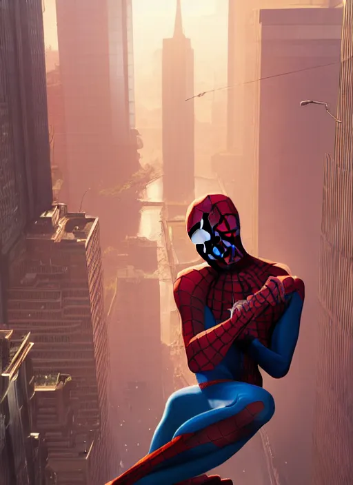 Image similar to highly detailed portrait of spiderman in gta v, stephen bliss, unreal engine, greg rutkowski, loish, rhads, beeple, makoto shinkai and lois van baarle, ilya kuvshinov, rossdraws, tom bagshaw, alphonse mucha, global illumination, god rays, detailed and intricate environment