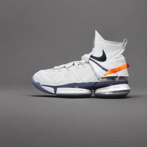 Image similar to a studio photoshoot of A Nike Lebron sneaker designed by Virgil Abloh, mesh fabrics, Off-White, realistic, color film photography by Tlyer Mitchell, 35 mm, graflex