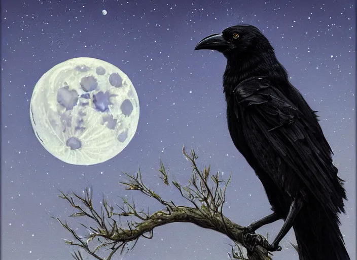 Prompt: a hyper-detailed oil portrait of a crow on a tree in front of the full big moon; an extraordinary masterpiece!!!; flawless; proud posture; photorealistic eyes; trending on artstation; f/1.4; 90mm