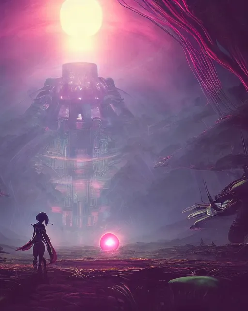 Image similar to alien temple, beautiful landscape, nier automata, protoss!!!!, machine planet, mothership in the sky, pink sun, tropical forest, colorful light, advanced technology, cinematic lighting, highly detailed, masterpiece, art by bastien grivet and darwin cellis and jan urschel