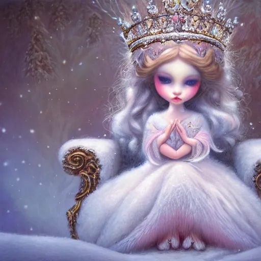 Image similar to highly detailed closeup portrait of a snow, ice princess, she is wearing a crown, she is sitting on a throne, fluffy bears are standing around, nicoletta ceccoli, mark ryden, lostfish, earl nore, global illumination, god rays, detailed and intricate environment