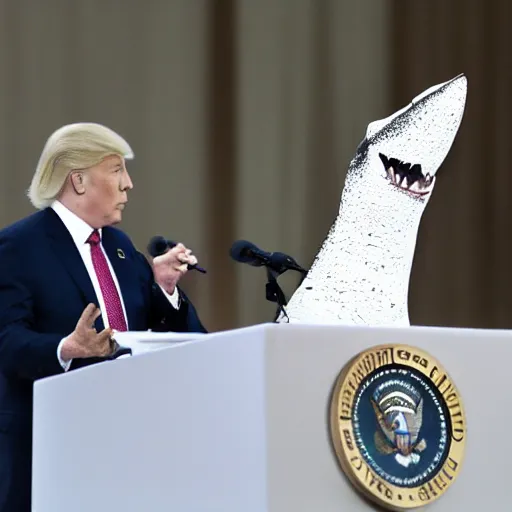 Prompt: the president with a shark head making a speech to millions of people