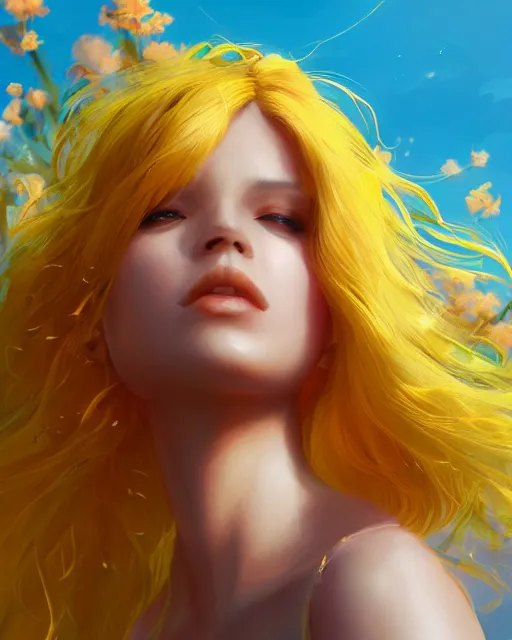 Prompt: summer vibes, beautiful sun goddess, flowy yellow golden hair, sun, summer, cinematic lighting, highly detailed, digital painting, trending on artstation, pixiv, concept art, sharp focus, illustration, art by ross tran and wlop