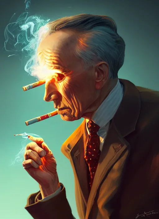 Prompt: a highly detailed illustration of j. r oppenheimer smoking a glowing nuclear cigarette, dramatic smoking pose, intricate, elegant, highly detailed, centered, digital painting, artstation, concept art, smooth, sharp focus, league of legends concept art, wlop.