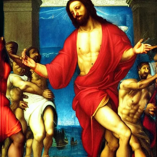 Prompt: jesus christ dancing to afrobeat music dj playing club party photorealistic ultra-realistic in the colourful style of leonardo da vinci artstation hd oil painting Renaissance painting