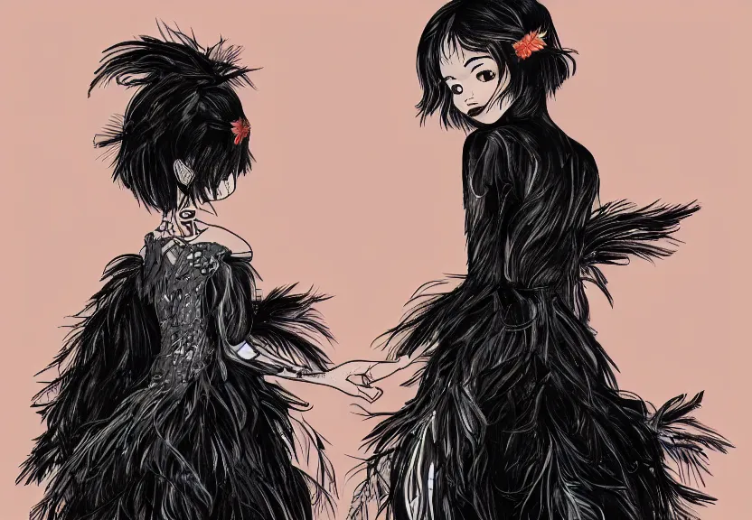 Image similar to little girl with a short black haircut wearing a dress made of black feathers, artwork in disney art style, anatomically perfect