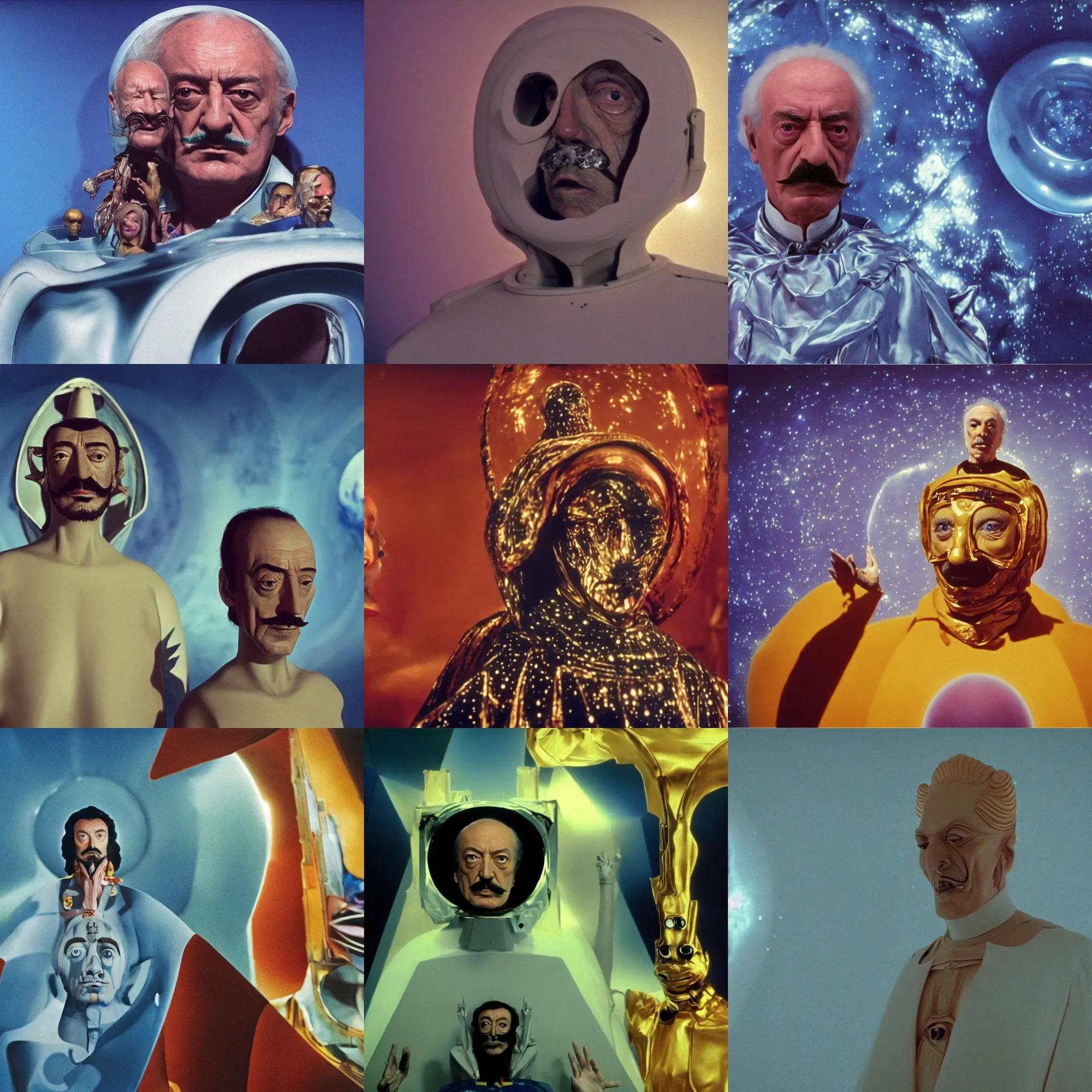 Prompt: the full body portrait of ( ( ( ( ( salvador dali ) ) ) ) ) as emperor of universe in the space ship, proportional face | still frame from the movie by alejandro jodorowsky with cinematogrophy of christopher doyle and art direction by hans giger, anamorphic lens, 8 k, low key light, 3 5 mm film