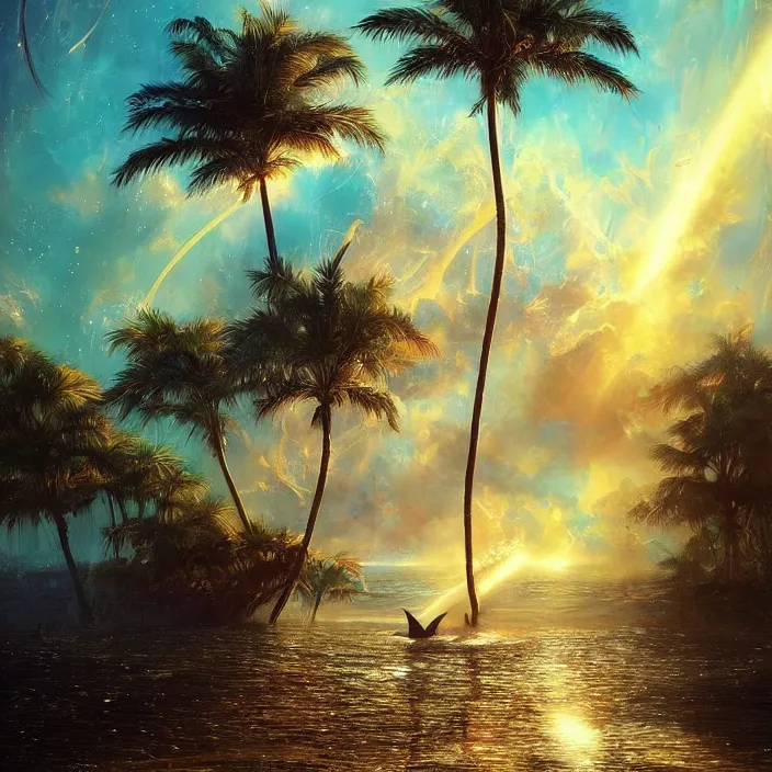 Image similar to dolphins swimming, golden hour, god rays, dreamscape by artgerm and ruan jia and ismail inceoglu and greg olsen, cosmos, milky way galaxy, masterpiece, beautiful, intricate, elegant, highly detailed, palm trees
